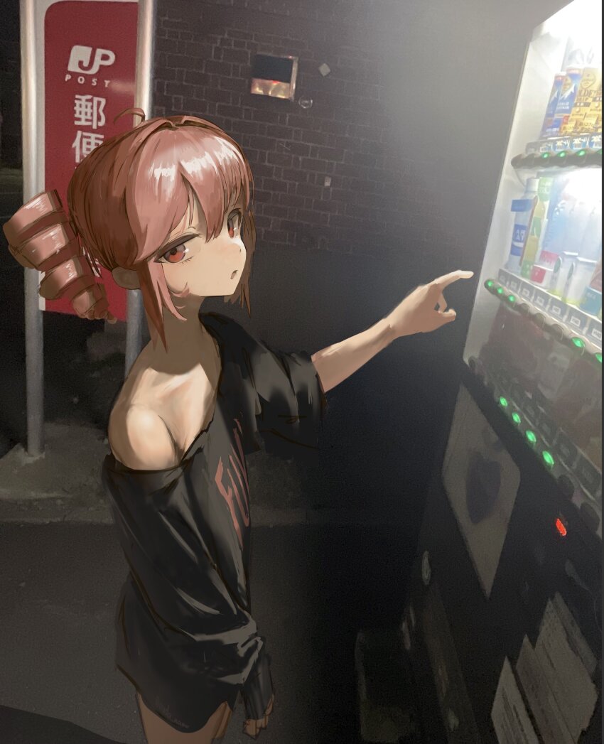 1girl, absurdres, ahoge, alternate_costume, black_shirt, clothes_writing, drill_hair, english_text