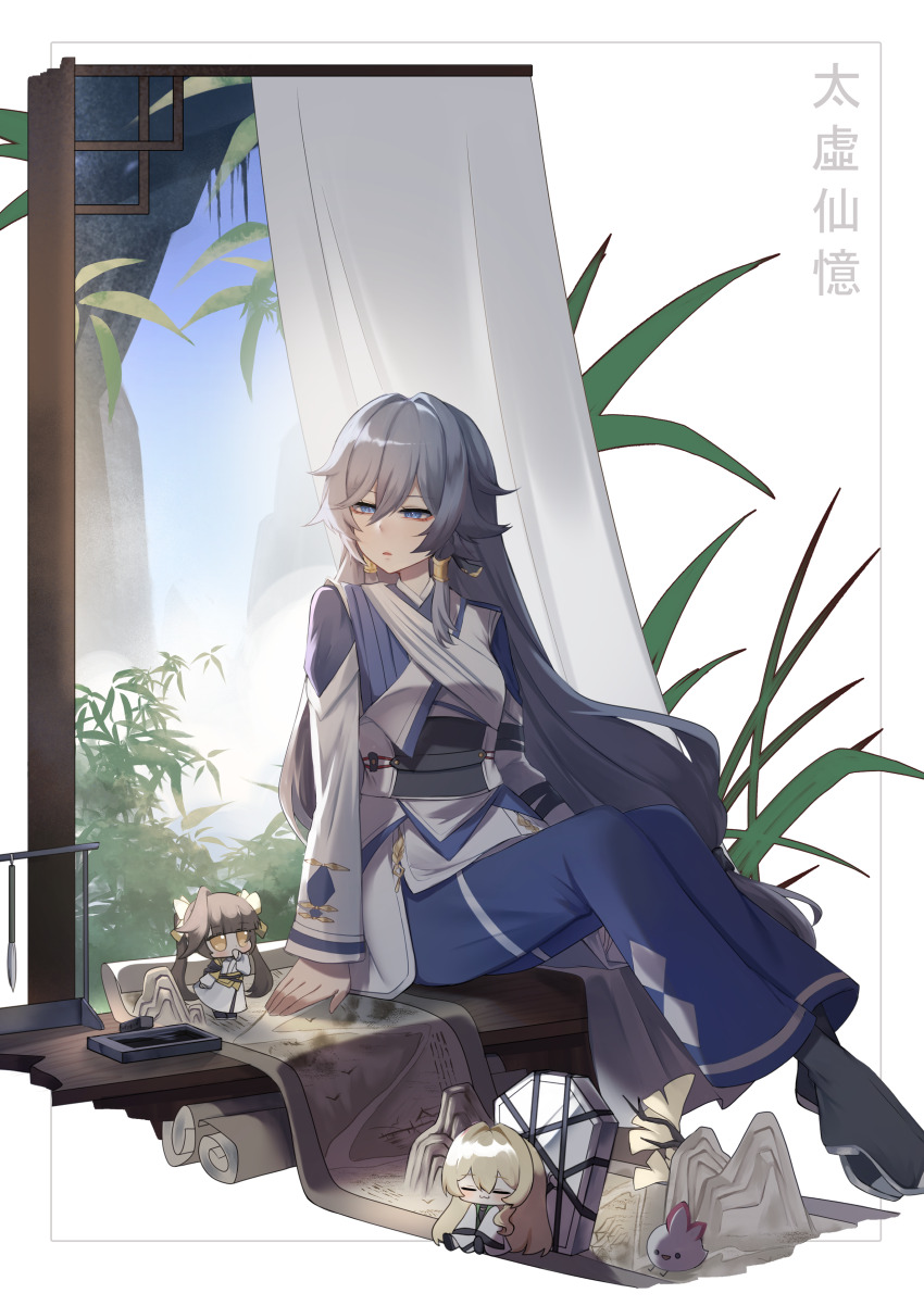 1girl, absurdres, bamboo, blue_eyes, blue_pants, calligraphy_brush, character_doll, chinese_clothes