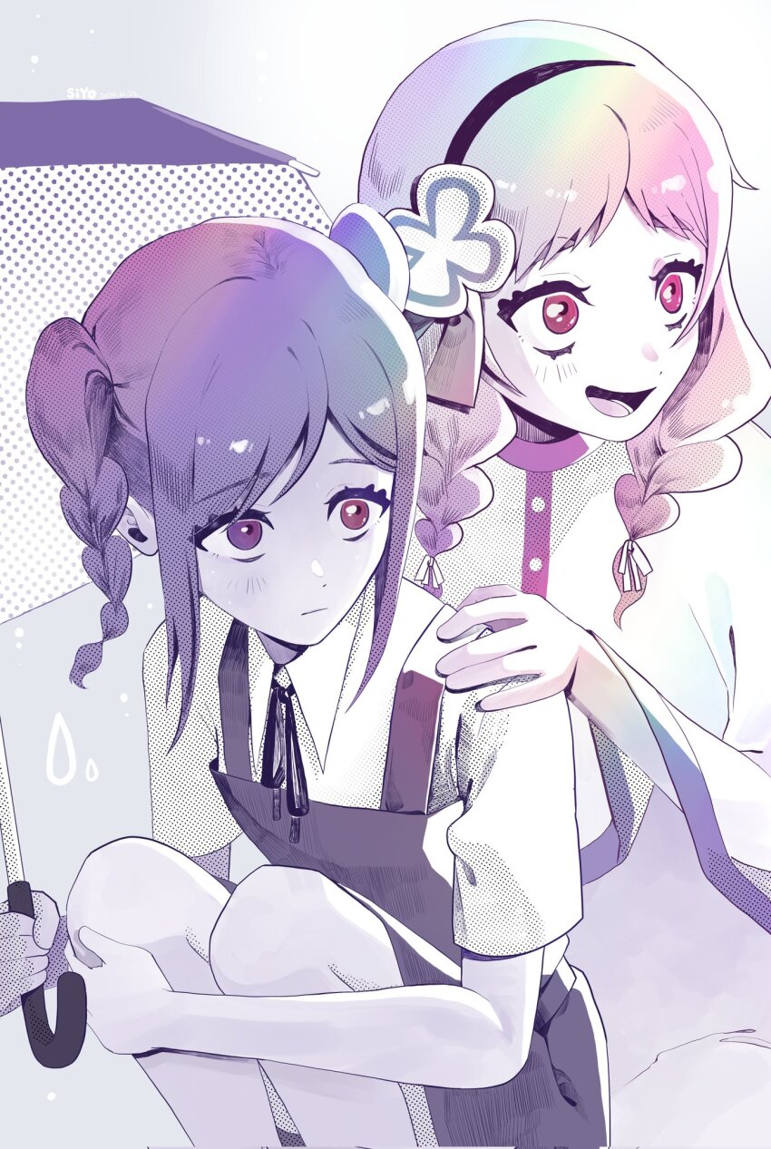 2girls, :d, braid, braided_twintails, closed_mouth, collared_shirt, commentary, dress