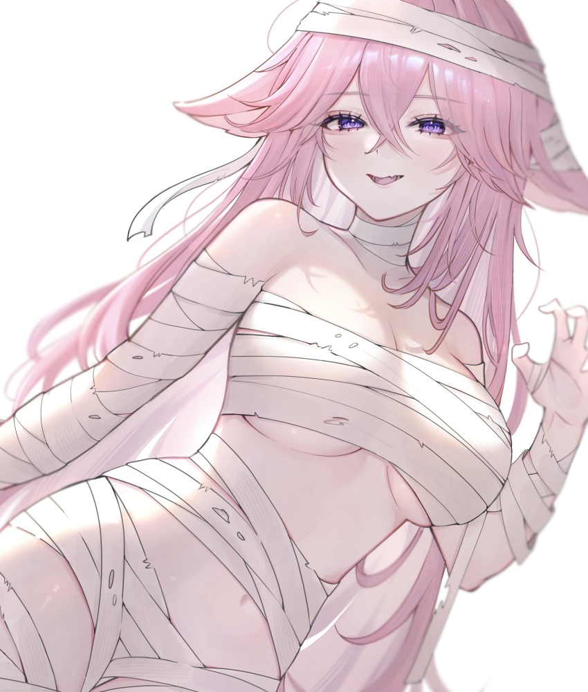 1girl, absurdres, animal_ears, bandages, bare_shoulders, breasts, collarbone, fang