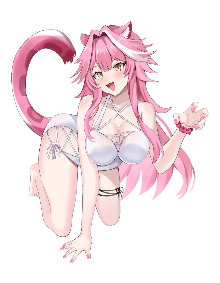 1girl, absurdres, all_fours, alternate_costume, animal_ears, bare_shoulders, barefoot, bestrix