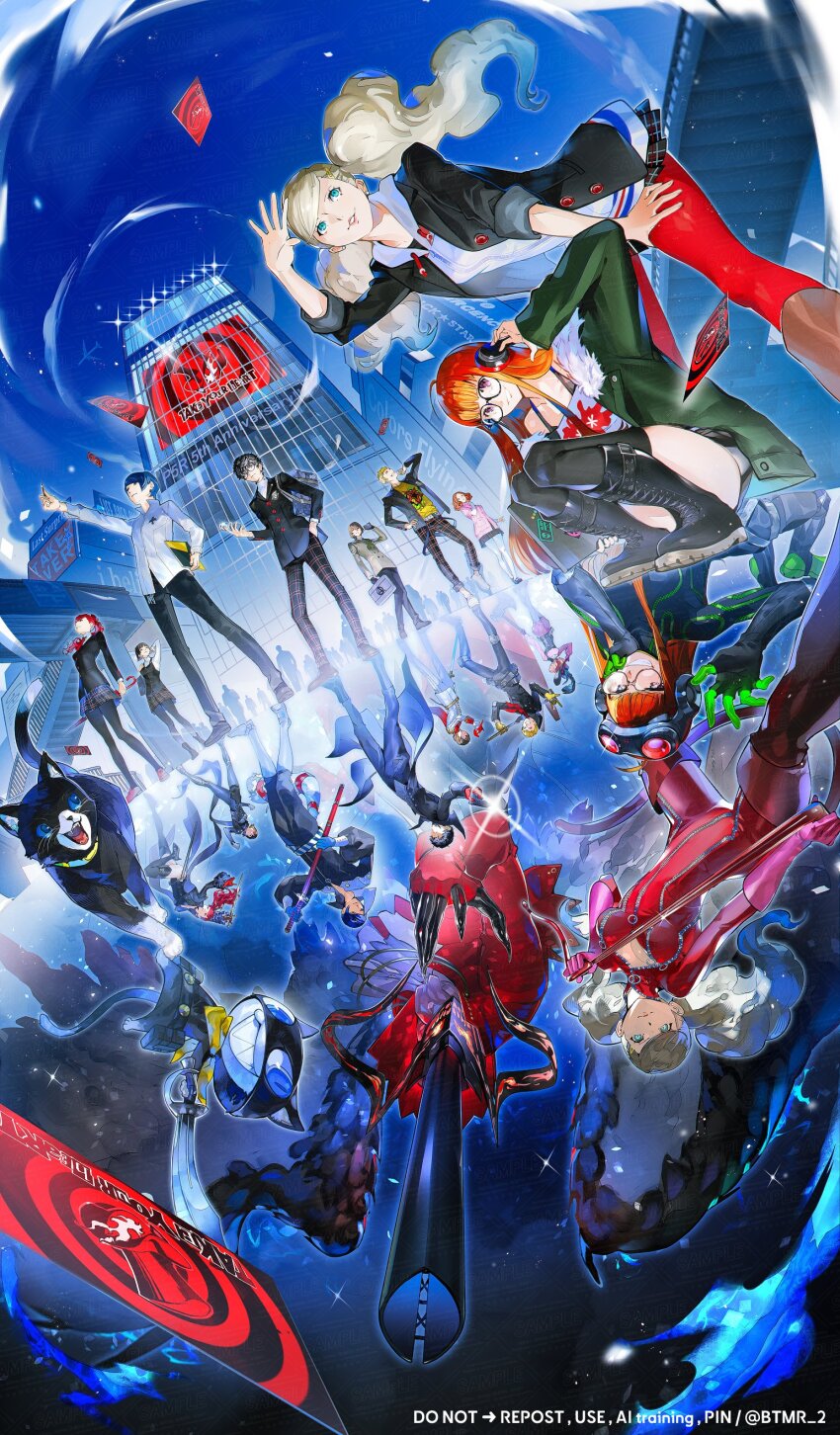5boys, 5girls, absurdres, akechi_gorou, amamiya_ren, anniversary, arsene_(persona_5), bent_over, btmr_game, card, cat, city, crow_(persona_5), different_reflection, dual_persona, english_text, fox_(persona_5), highres, jacket, joker_(persona_5), kitagawa_yuusuke, leaning_forward, looking_at_viewer, morgana_(cat)_(persona_5), morgana_(persona_5), multiple_boys, multiple_girls, niijima_makoto, noir_(persona_5), okumura_haru, oracle_(persona_5), panther_(persona_5), persona, persona_5, persona_5_the_royal, queen_(persona_5), reflection, sakamoto_ryuuji, sakura_futaba, scarf, school_uniform, shuujin_academy_school_uniform, skirt, skull_(persona_5), smile, sword, takamaki_anne, violet_(persona_5), weapon, yoshizawa_kasumi