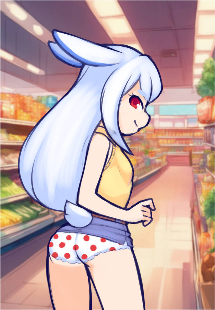 1girl, amy_(ryuhi), animal_ears, ass, belt, blue_skirt, breasts, brown_belt, ceiling, ceiling_light, clothes_lift, denim, denim_skirt, drantyno, from_behind, loli, long_hair, looking_at_viewer, looking_back, panties, polka_dot, polka_dot_panties, rabbit_ears, rabbit_girl, rabbit_tail, red_eyes, shirt, skirt, skirt_lift, sleeveless, sleeveless_shirt, small_breasts, smile, standing, supermarket, tail, underwear, white_hair, white_panties, window, yellow_shirt