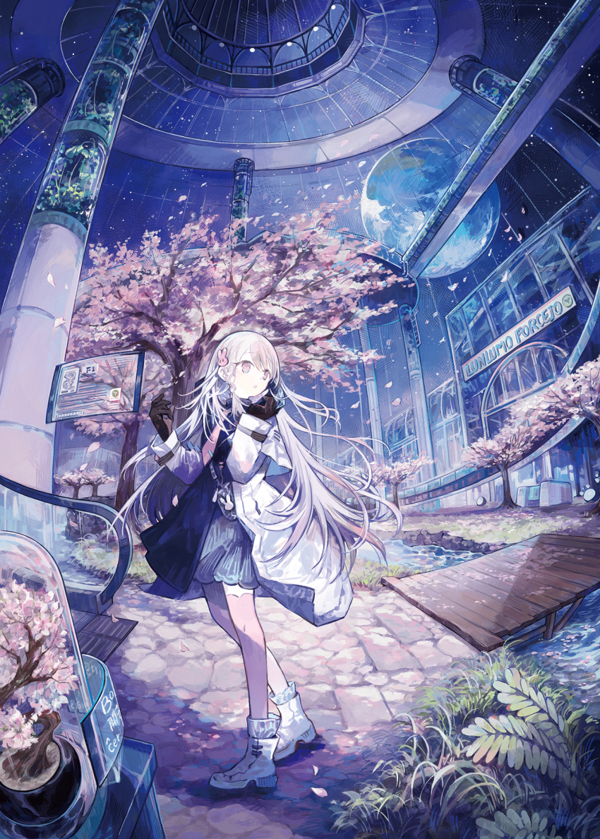 1girl, :o, bag, black_gloves, bonsai, braid, braided_sidelock, bridge