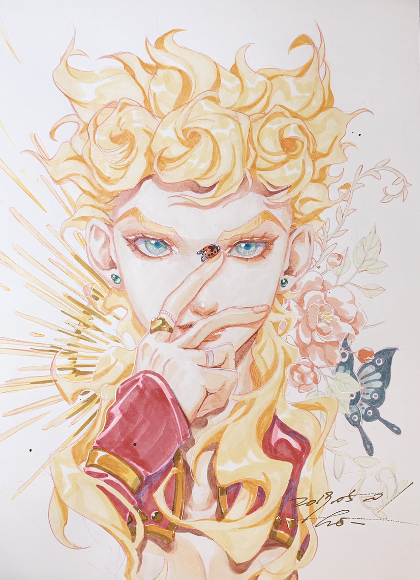 1boy, 2018, blonde_hair, blue_eyes, buffoon, bug, butterfly, commentary