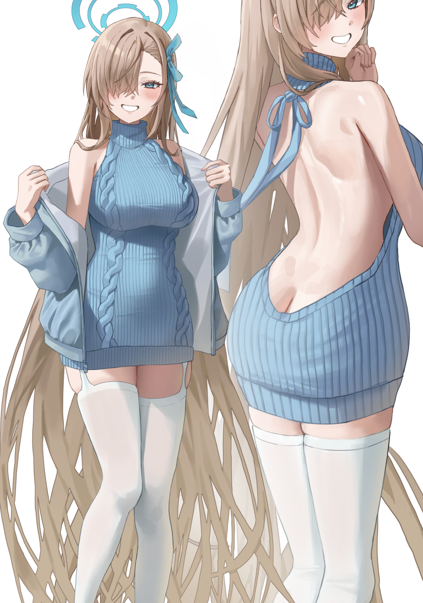 1girl, absurdres, ass, asuna_(blue_archive), back, backless_dress, backless_outfit, bare_back