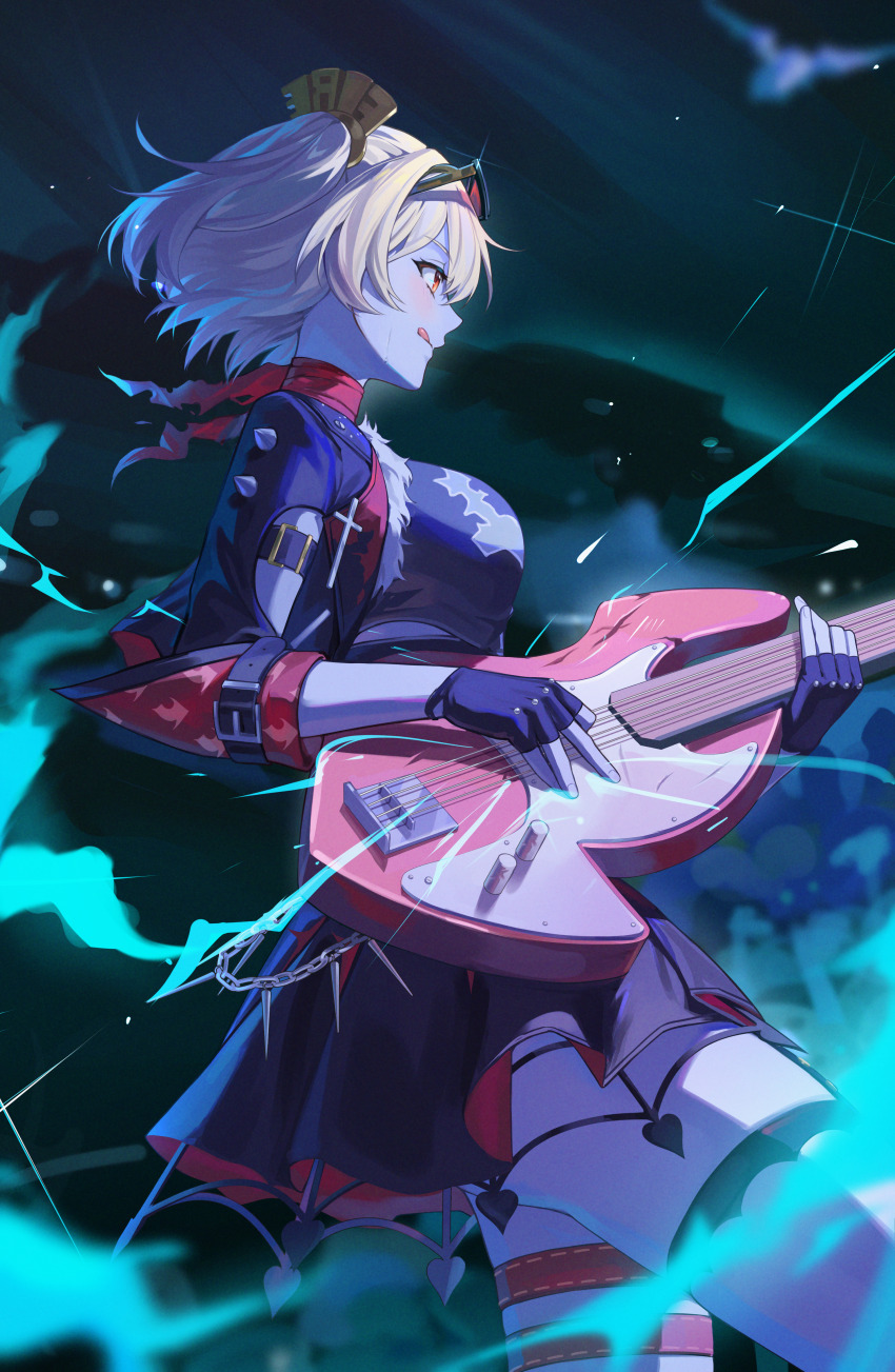 1girl, :q, absurdres, bass_guitar, black_gloves, black_jacket, black_skirt, black_thighhighs