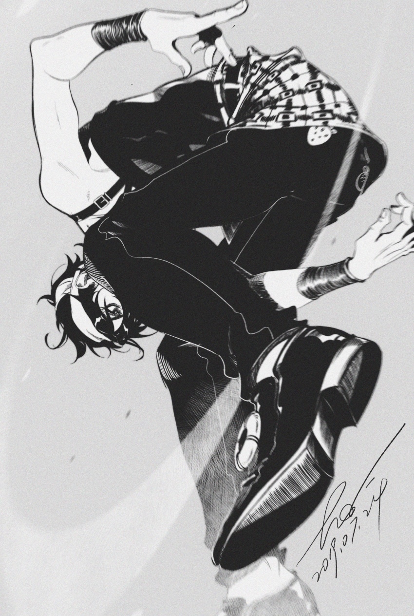 1boy, 2018, absurdres, bare_shoulders, black_hair, buffoon, commentary, crosshatching, dated, dynamic_pose, greyscale, hatching_(texture), headband, highres, jojo_no_kimyou_na_bouken, monochrome, narancia_ghirga, short_hair, skirt, solo, vento_aureo, wristband