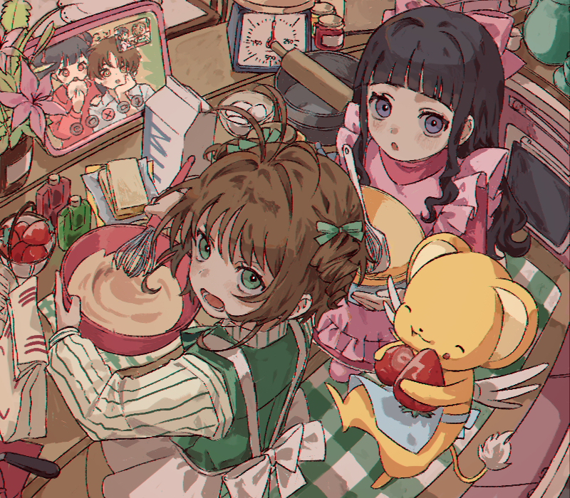 1boy, 3girls, apron, black_hair, brown_hair, cardcaptor_sakura, commentary, cooking