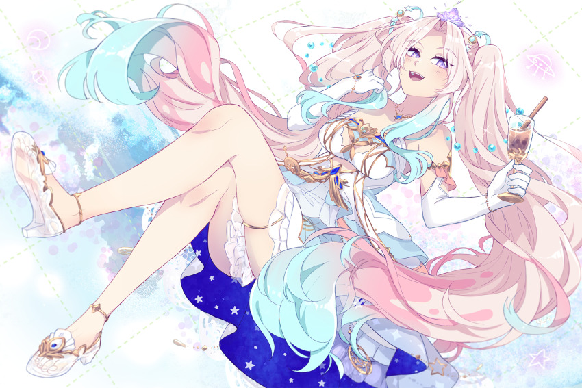 1girl, airani_iofifteen, airani_iofifteen_(sci-fi_princess), aqua_hair, bare_legs, breasts, bubble_tea, crossed_legs