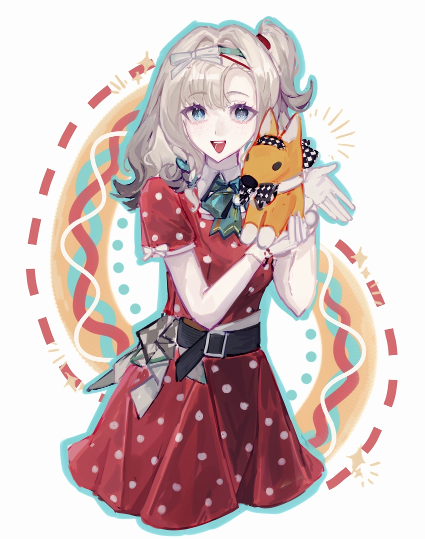 1girl, :d, absurdres, animal, animalization, aqua_headband, baby_animal, belt, black_belt, blue_eyes, collared_dress, cropped_legs, dog, dress, gloves, grey_hair, hair_ribbon, hands_up, headband, highres, holding, holding_animal, looking_at_viewer, matilda_bouanich, matilda_bouanich_(the_great_taste_investigator), medium_hair, official_alternate_costume, one_side_up, open_mouth, polka_dot, polka_dot_dress, puppy, red_dress, reverse:1999, ribbon, sangyu-feiwan, short_dress, short_sleeves, smile, solo, sonetto_(reverse:1999), teeth, upper_body, upper_teeth_only, white_background, white_gloves, white_ribbon