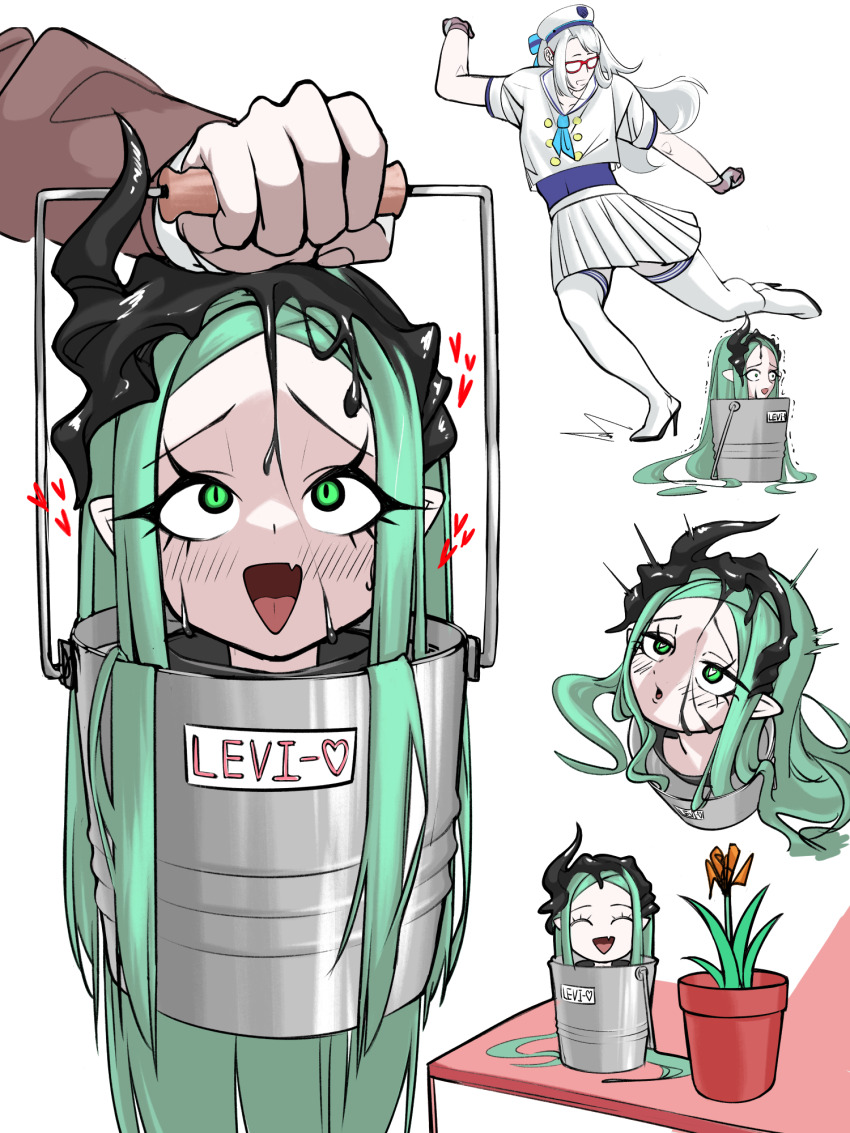 1boy, 2girls, ahoge, aludoru, bucket, character_name, commander_(nikke), fang