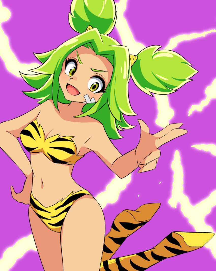 1girl, :d, animal_print, bandaid, bandaid_on_face, bikini, boots, breasts, cosplay, electricity, finger_gun, green_hair, highres, kukurixi, league_of_legends, lum, lum_(cosplay), medium_breasts, navel, open_mouth, parted_bangs, purple_background, sidelocks, simple_background, smile, solo, swimsuit, tiger_print, twintails, urusei_yatsura, yellow_bikini, yellow_boots, yellow_eyes, zeri_(league_of_legends)