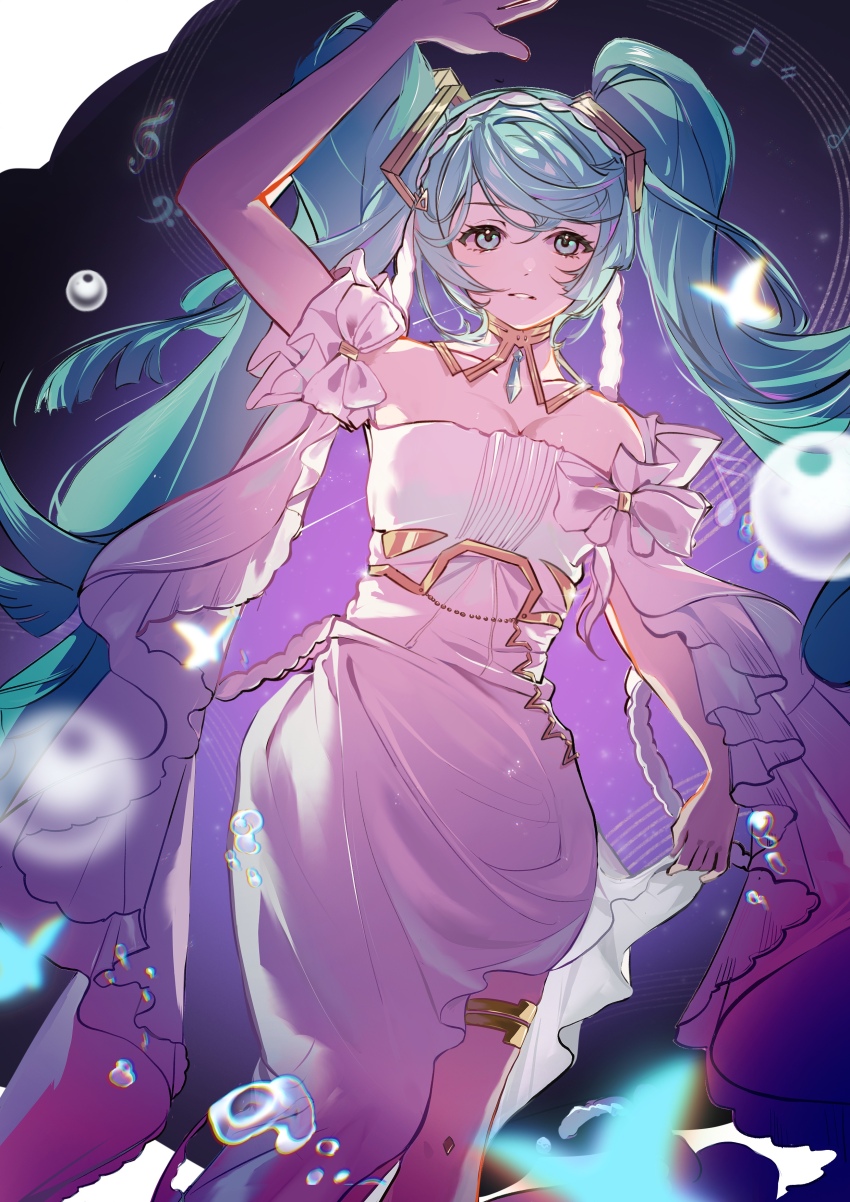 1girl, absurdres, aqua_eyes, aqua_hair, arm_up, bare_arms, bare_shoulders, blue_butterfly