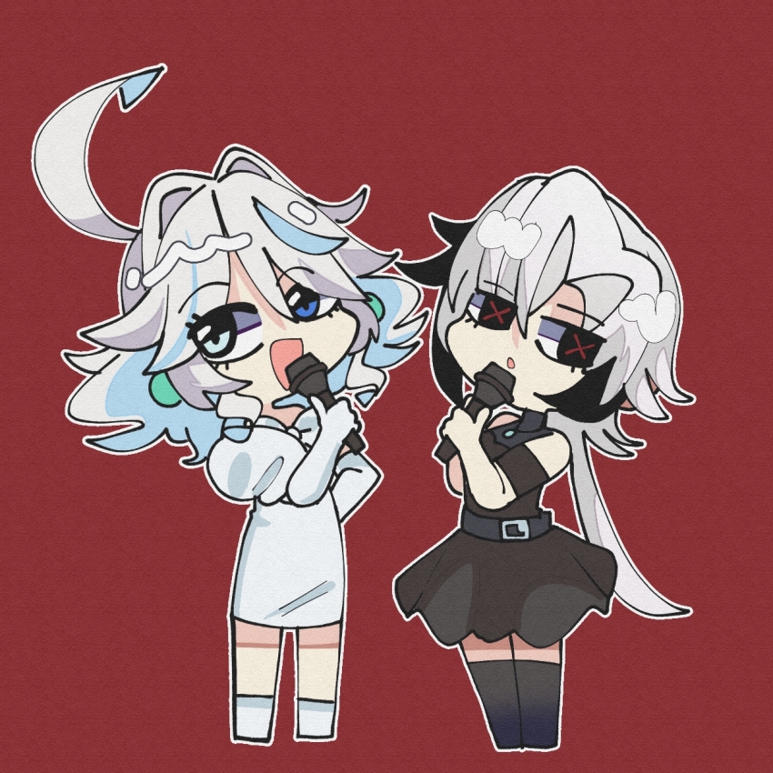 2girls, :d, ahoge, arlecchino_(genshin_impact), bare_shoulders, black_dress, black_eyes, black_hair, black_thighhighs, blue_eyes, blue_hair, chibi, chochocmint_crazy, dress, furina_(genshin_impact), genshin_impact, gloves, grey_hair, hair_intakes, highres, long_hair, looking_at_viewer, multicolored_hair, multiple_girls, open_mouth, red_background, shoes, simple_background, smile, streaked_hair, thighhighs, very_long_hair, white_dress, white_footwear, white_gloves