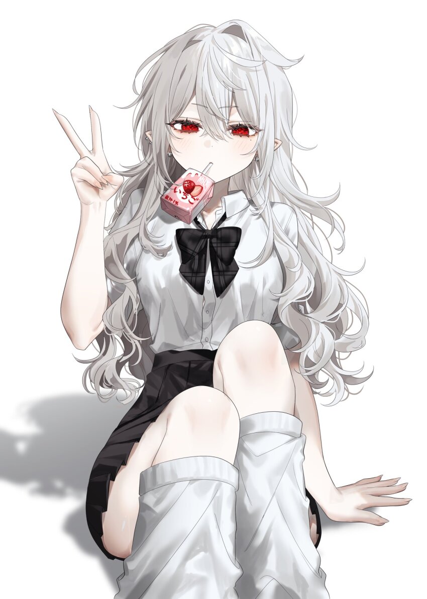 1girl, black_bow, black_bowtie, black_skirt, bow, bowtie, drink_carton, drinking_straw