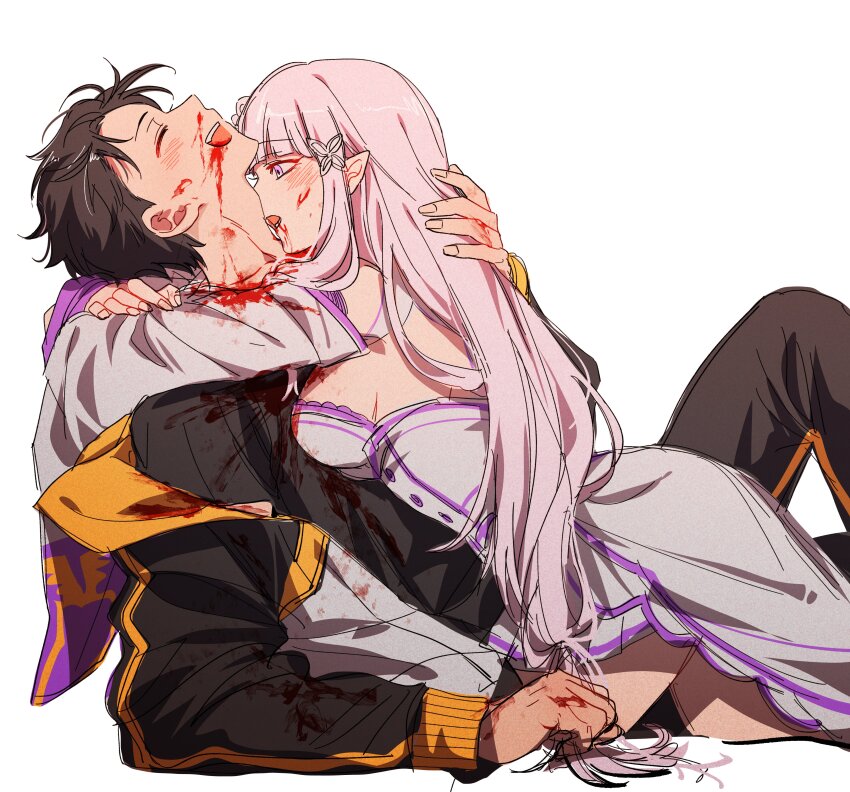 1boy, 1girl, :d, ^_^, absurdres, arms_around_neck, biting, black_hair, black_jacket, blood, blood_from_mouth, blood_on_clothes, blood_on_face, blood_on_hands, blush, breasts, closed_eyes, closed_mouth, commentary_request, dress, emilia_(re:zero), expressionless, feet_out_of_frame, from_side, hair_ornament, hair_slicked_back, happy, hetero, high-low_skirt, highres, hug, jacket, korean_commentary, laughing, leg_up, long_hair, long_sleeves, medium_breasts, natsuki_subaru, neck_biting, no_keze, nosebleed, off_shoulder, open_clothes, open_jacket, open_mouth, pointy_ears, profile, re:zero_kara_hajimeru_isekai_seikatsu, short_dress, short_hair, simple_background, sitting, sketch, smile, straight_hair, strapless, strapless_dress, track_jacket, very_short_hair, white_background, white_dress, white_hair, wide_sleeves
