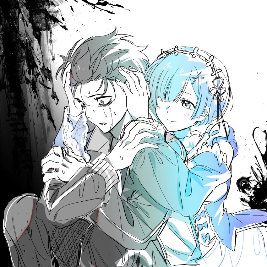 1boy, 1girl, absurdres, bags_under_eyes, blue_eyes, blue_hair, blunt_bangs, blush