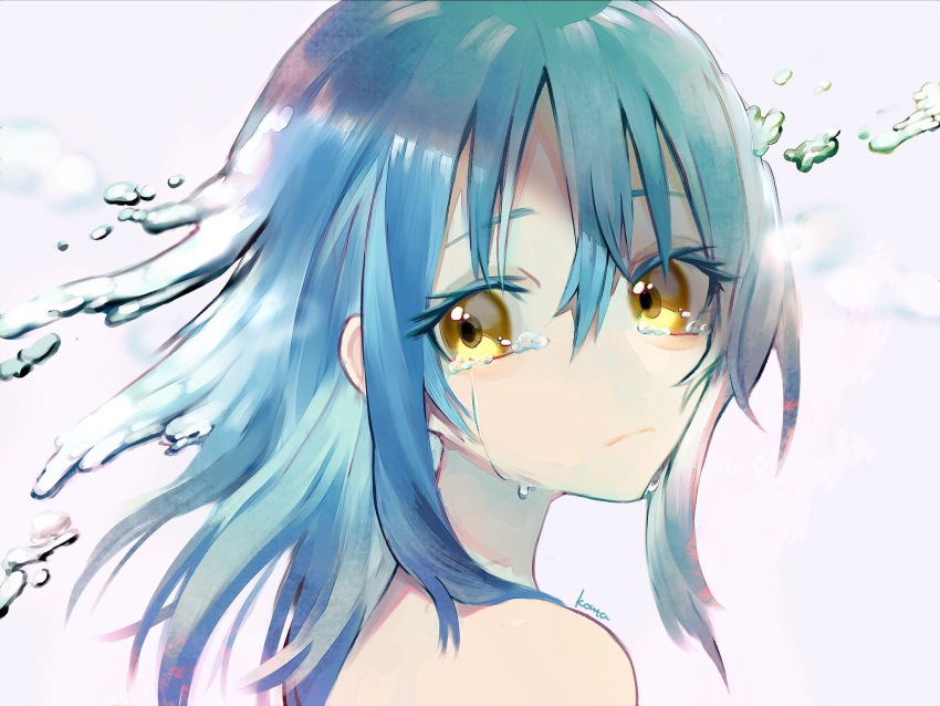 1other, blue_hair, highres, hiwa_kouta, long_hair, rimuru_tempest, simple_background, solo