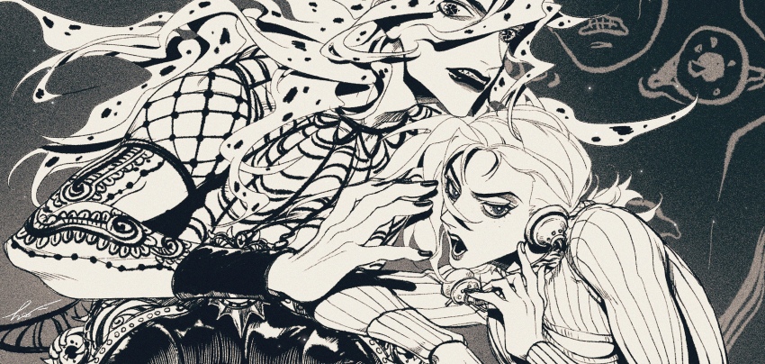 2boys, black_lips, black_nails, buffoon, commentary, diavolo, freckles, greyscale