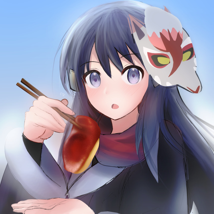 1girl, :o, absurdres, akari_(pokemon), black_hair, black_shirt, chopsticks, day