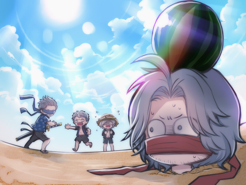 4boys, alternate_costume, arm_up, beach, black_footwear, black_shirt, black_shorts, blindfold