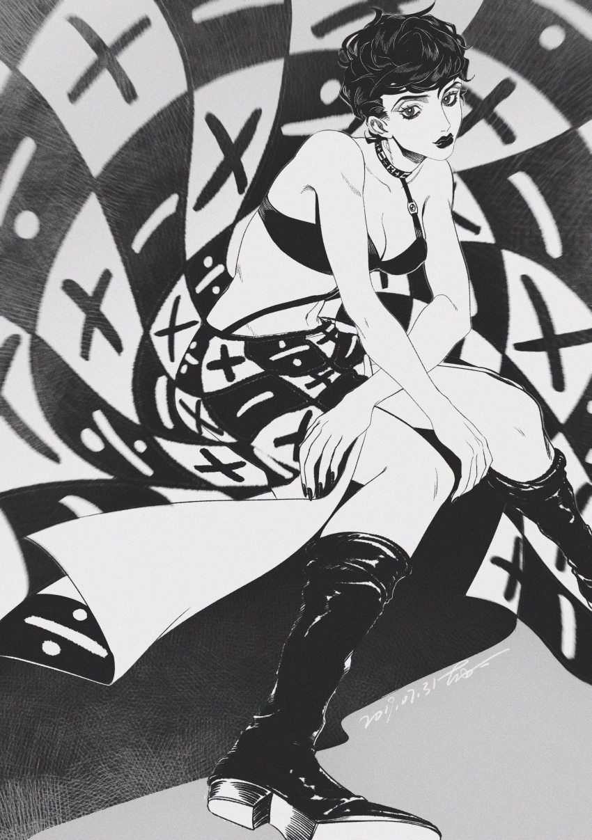 1girl, 2018, absurdres, black_boots, black_choker, black_lips, black_nails, boots, breasts, buffoon, choker, crosshatching, dated, greyscale, hatching_(texture), highres, jojo_no_kimyou_na_bouken, knee_boots, long_skirt, midriff, monochrome, navel, short_hair, skirt, solo, trish_una, vento_aureo