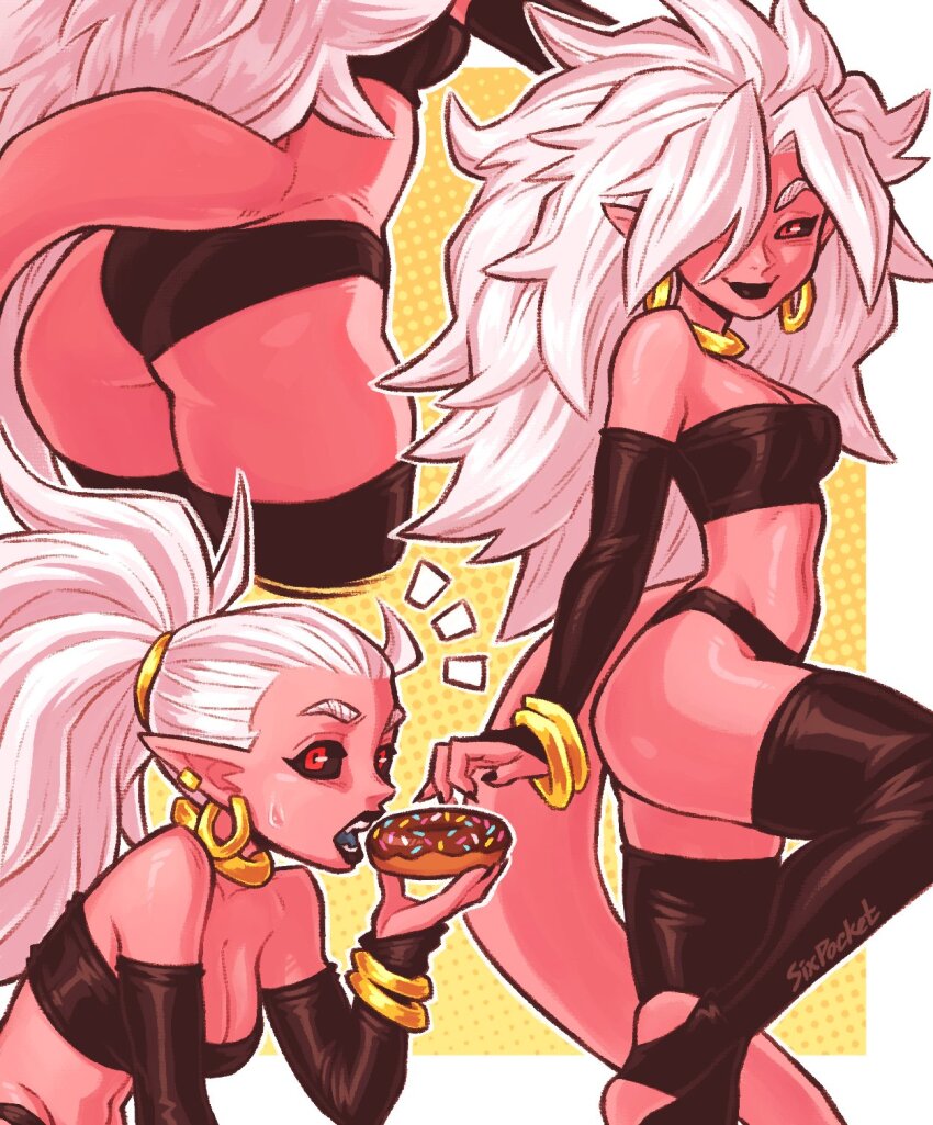 1girl, android_21, ass, black_lips, black_sclera, black_thighhighs, bracelet, breasts, cleavage, colored_sclera, colored_skin, crop_top, detached_sleeves, donut, dragon_ball, dragon_ball_fighterz, earrings, food, highres, holding, holding_food, hoop_earrings, jewelry, large_breasts, long_hair, looking_at_viewer, majin_android_21, open_mouth, pink_skin, pointy_ears, ponytail, red_eyes, sixpocketart, smile, tail, teeth, thighhighs, white_hair