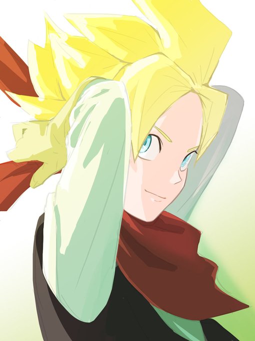 1boy, black_vest, blonde_hair, blue_eyes, closed_mouth, commentary_request, double_fake, dragon_quest, dragon_quest_builders_2, gloves, gradient_background, looking_to_the_side, male_builder_(dqb2), male_focus, neckerchief, red_neckerchief, shirt, short_hair, sketch, solo, spiked_hair, tying, upper_body, vest, white_shirt, yellow_gloves