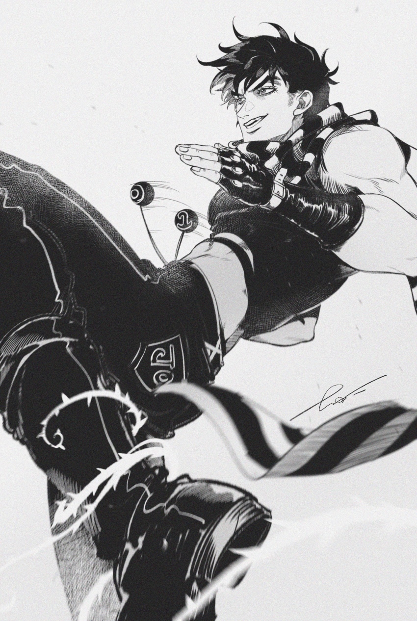 1boy, absurdres, battle_tendency, black_hair, bola_(weapon), buffoon, clacker, commentary