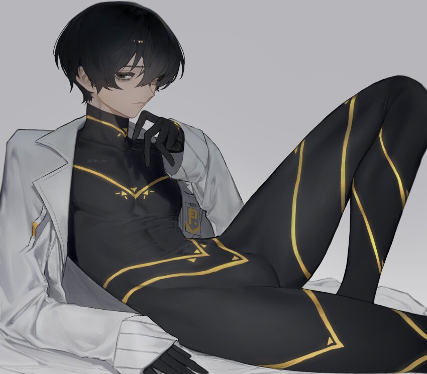 1boy, black_bodysuit, black_eyes, black_hair, bodysuit, closed_mouth, coat, glowing_trim