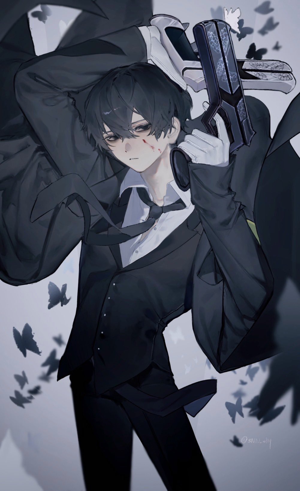 1boy, bad_perspective, black_coat, black_eyes, black_hair, black_jacket, black_necktie, black_pants