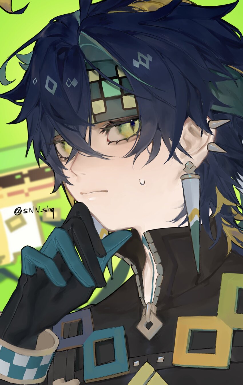 1boy, absurdres, ahoge, ajaw_(genshin_impact), black_gloves, black_hair, black_jacket, closed_mouth