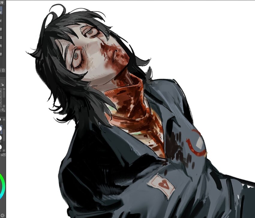 1girl, anya_(mouthwashing), black_hair, blood, bloodshot_eyes, blue_jumpsuit, collared_jumpsuit, corpse, death, empty_eyes, excessive_nosebleed, grey_eyes, jumpsuit, long_hair, mouthwashing, nosebleed, overdose, sidelocks, solo, spoilers, white-trick, wide-eyed