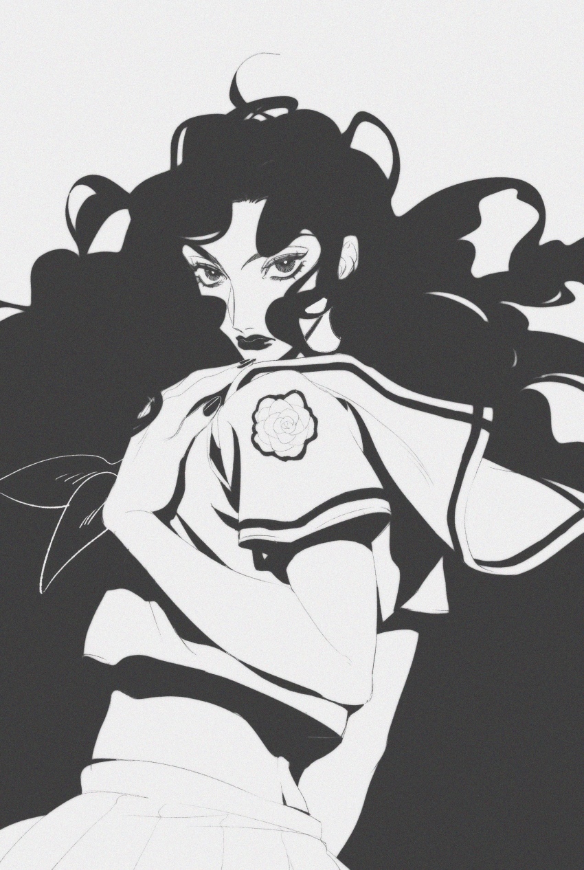 1girl, absurdres, black_hair, black_lips, black_nails, buffoon, commentary, diamond_wa_kudakenai