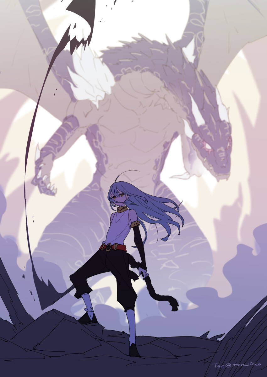 1boy, 1other, black_pants, black_sleeves, blue_hair, detached_sleeves, dragon_horns, dragon_wings