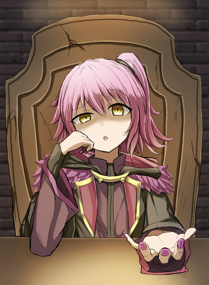 1girl, black_shirt, black_sleeves, hand_on_own_face, hanokunoakune, jacket, long_hair, outstretched_hand, purple_hair, purple_jacket, shirt, simple_background, sitting, on_throne, solo, tensei_shitara_slime_datta_ken, throne, ultima_(tensura), yellow_eyes