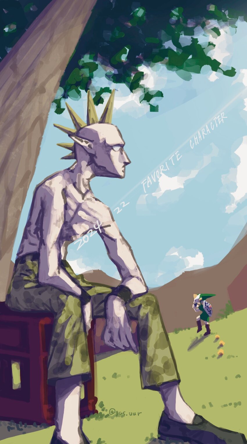 2024, 2boys, absurdres, baby_animal, bird, blank_eyes, blonde_hair, blue_sky