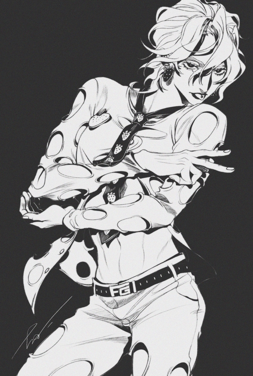 1boy, absurdres, black_background, black_necktie, buffoon, commentary, earrings, food-themed_earrings