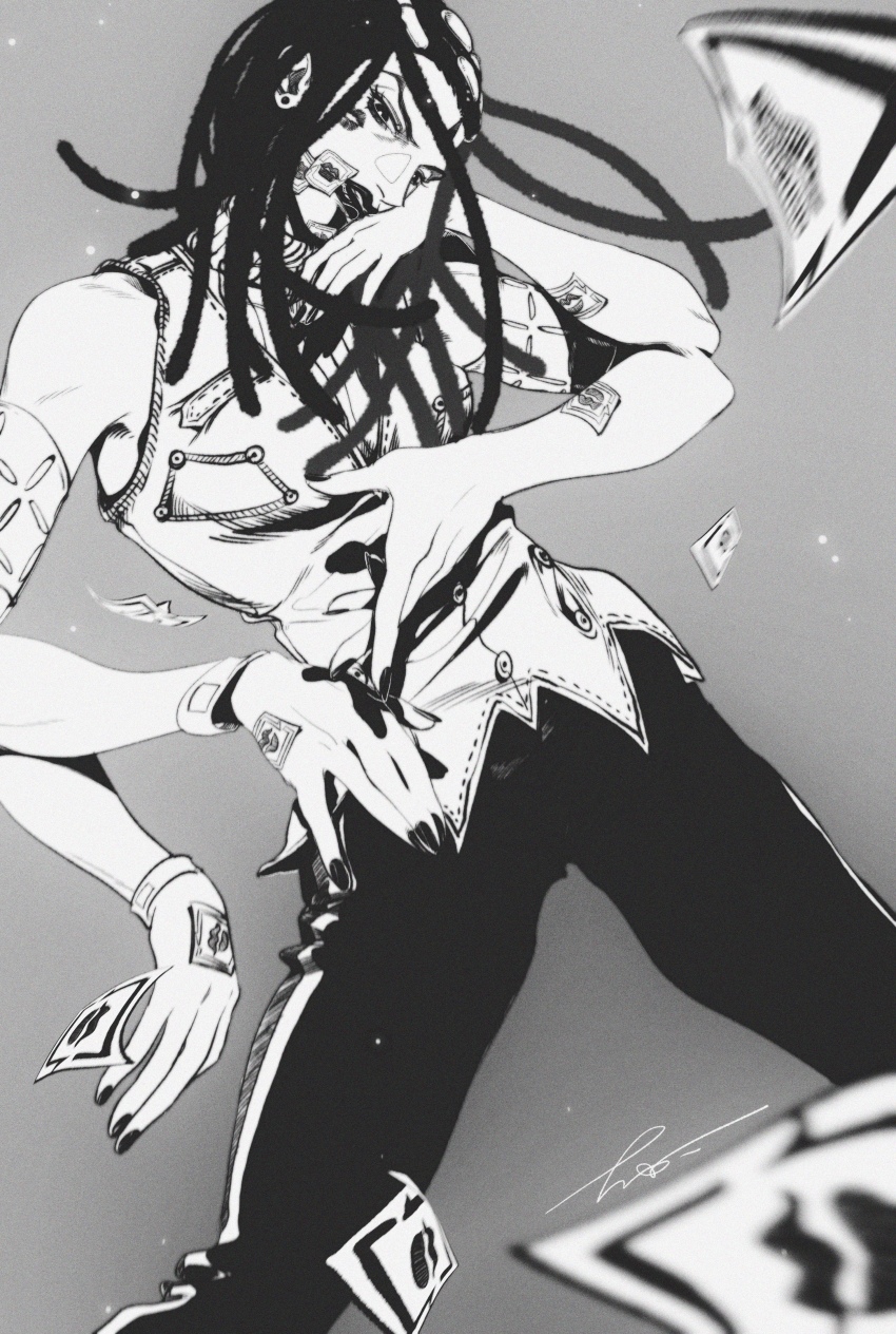 1girl, absurdres, black_nails, buffoon, commentary, dreadlocks, earrings, ermes_costello