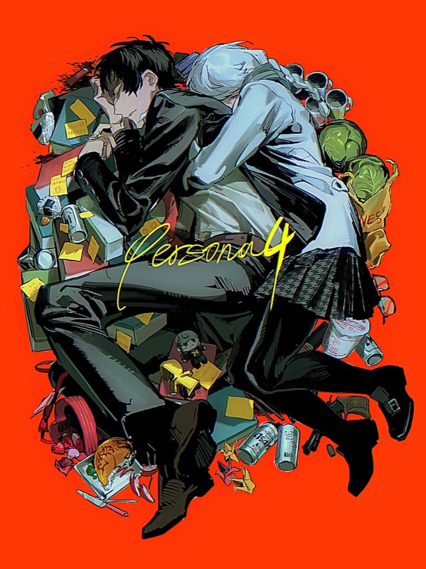2boys, adachi_tooru, bag, beer_can, belt, black_footwear, black_hair, black_pantyhose