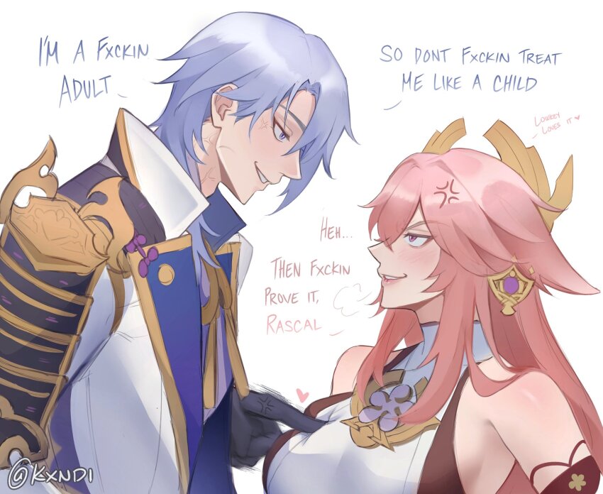 1boy, 1girl, anger_vein, animal_ears, bare_shoulders, blue_eyes, blue_hair, coat, fox_ears, from_side, genshin_impact, grin, highres, kamisato_ayato, kxndi, looking_at_another, pink_hair, poking, poking_another's_breast, profile, purple_eyes, shirt, simple_background, sleeveless, sleeveless_shirt, smile, white_background, white_coat, white_shirt, yae_miko