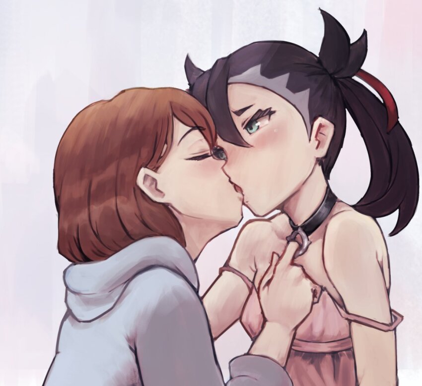 2girls, black_collar, black_hair, blush, brown_hair, cardigan, closed_eyes, collar