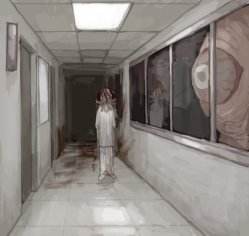 1other, barefoot, blood, blood_on_ground, body_horror, brain, ceiling, ceiling_light