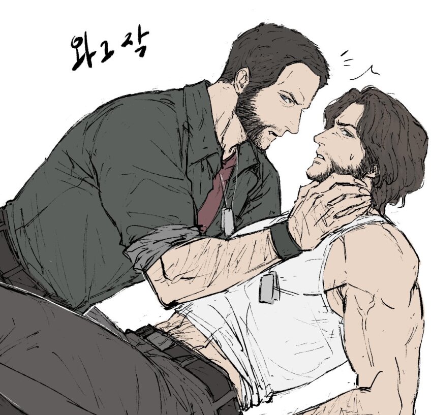 2boys, arm_hair, belt, brothers, brown_hair, claws, commentary_request, facial_hair, fangs, green_eyes, green_shirt, gyeleul, korean_commentary, large_pectorals, looking_at_viewer, male_focus, marvel, multiple_boys, muscular, muscular_male, pants, pectorals, sabertooth_(x-men), shirt, short_hair, siblings, tank_top, veins, veiny_arms, white_tank_top, wolverine_(x-men), x-men, x-men_film_series, x-men_origins:_wolverine, yaoi