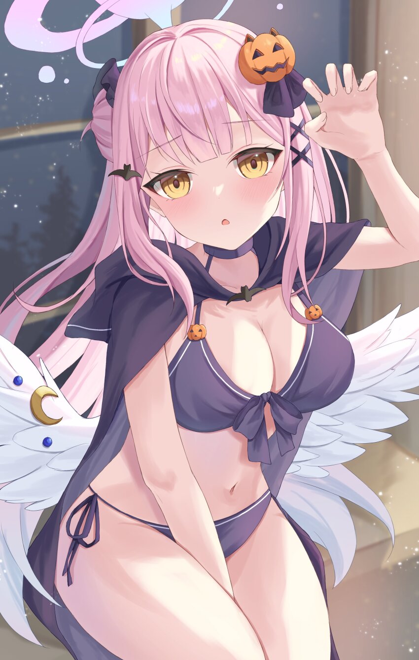 1girl, :o, absurdres, alternate_costume, bat_hair_ornament, between_legs, black_bra, black_cape