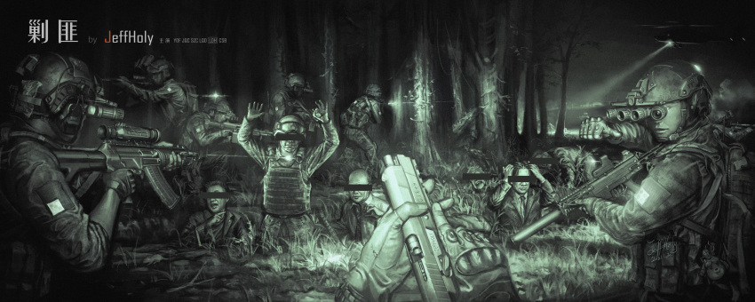 6+boys, absurdres, artist_name, assault_rifle, bar_censor, bulletproof_vest, censored, face_censor