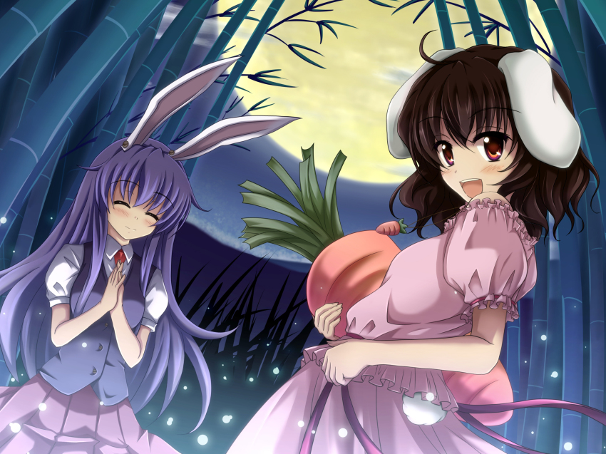 2girls, adapted_costume, animal_ears, bad_id, bad_pixiv_id, bamboo, bamboo_forest, black_hair