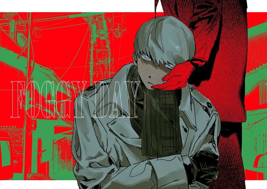 2boys, adachi_tooru, black_gloves, brown_scarf, closed_mouth, coat, collared_coat, crossed_arms