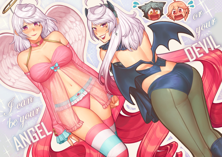 1girl, 2boys, ahoge, animal_ears, ass, bat_wings, black_sleeves, black_wings, blonde_hair, blue_bow, blush, bow, breasts, choker, cleavage, commentary, cross, cross_earrings, dark-skinned_male, dark_skin, detached_sleeves, dex_(vocaloid), dog_boy, dog_ears, earrings, english_commentary, english_text, facial_mark, fake_halo, fake_horns, fake_wings, flying_sweatdrops, gradient_hair, hairband, halloween, halo, heart, heart_choker, heart_facial_mark, horn_hairband, horns, i_can_be_your_angle_or_yuor_devil_(meme), jewelry, large_breasts, lingerie, looking_at_viewer, looking_back, maika_(vocaloid), meme, multicolored_hair, multiple_boys, multiple_views, navel, negligee, open_mouth, panties, pantyhose, pink_eyes, pink_hair, pink_negligee, pink_sleeves, pink_wings, red_eyes, shg_(hiomaika), striped_clothes, striped_thighhighs, surprised, untranslatable_commentary, thighhighs, underwear, vocaloid, white_hair, wings, yellow_eyes, yohioloid